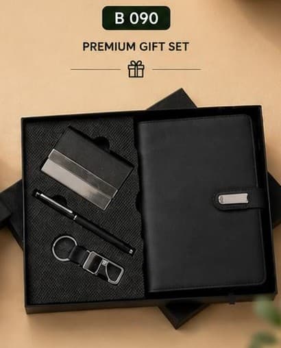 3-in-1 Executive Gift Set - Black Notebook, Card Holder & Keychain
