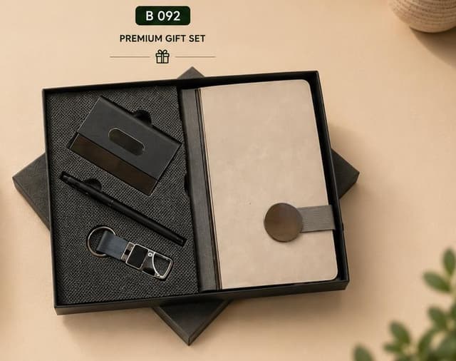 3-in-1 Premium Gift Set - Stone Grey Notebook, Card Holder & Keychain