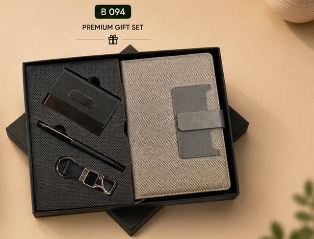 3-in-1 Premium Gift Set - Beige Notebook, Card Holder & Keychain