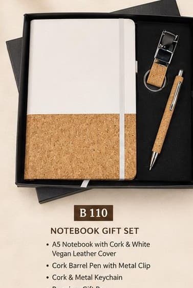 Natural Cork Notebook Gift Set - White Vegan Leather Cover
