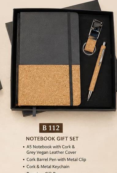 Natural Cork Notebook Gift Set - Grey Vegan Leather Cover