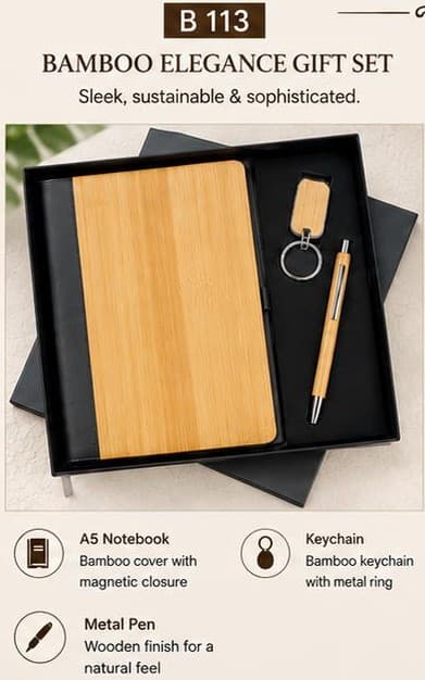 Bamboo Elegance 3-in-1 Gift Set - Notebook, Pen & Keychain