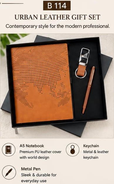 Urban Leather 3-in-1 Gift Set - World Map Notebook, Pen & Keychain