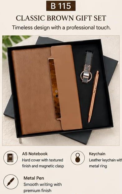 Classic Brown 3-in-1 Gift Set - Notebook, Pen & Keychain
