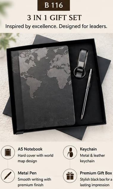 3-in-1 Gift Set - World Map Notebook, Pen & Keychain