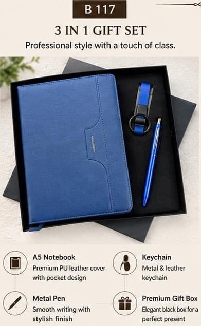 3-in-1 Gift Set - Blue PU Pocket Notebook, Pen & Keychain