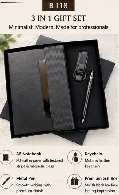3-in-1 Gift Set - Textured Stripe Notebook, Pen & Keychain
