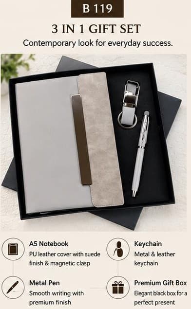 3-in-1 Gift Set - Suede Finish Notebook, Pen & Keychain