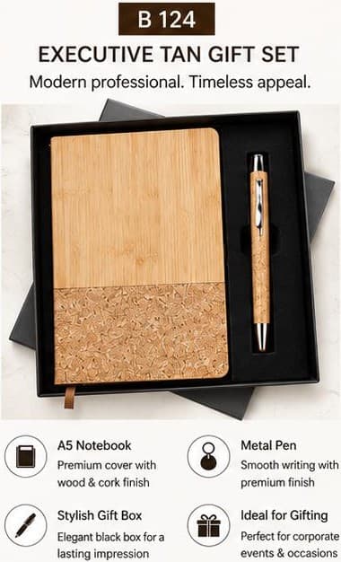 2-in-1 Executive Tan Gift Set - Wood & Cork Notebook with Pen