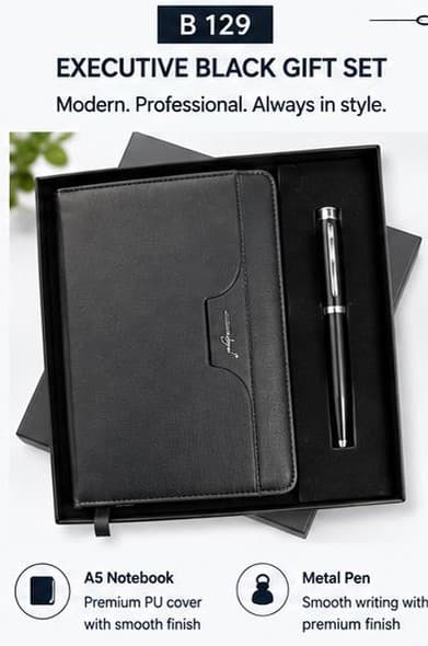 2-in-1 Executive Black Gift Set - Flap Notebook & Pen