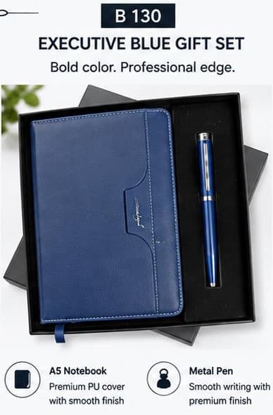 2-in-1 Executive Blue Gift Set - Flap Notebook & Pen
