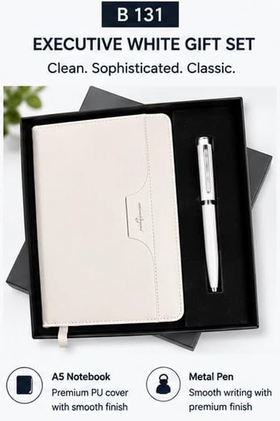 2-in-1 Executive White Gift Set - Flap Notebook & Pen