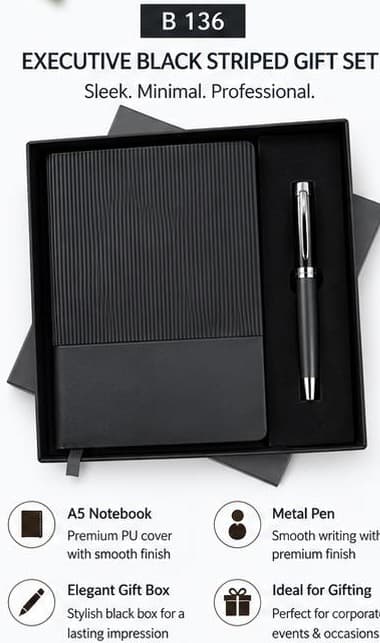 2-in-1 Executive Black Striped Gift Set - Notebook & Pen