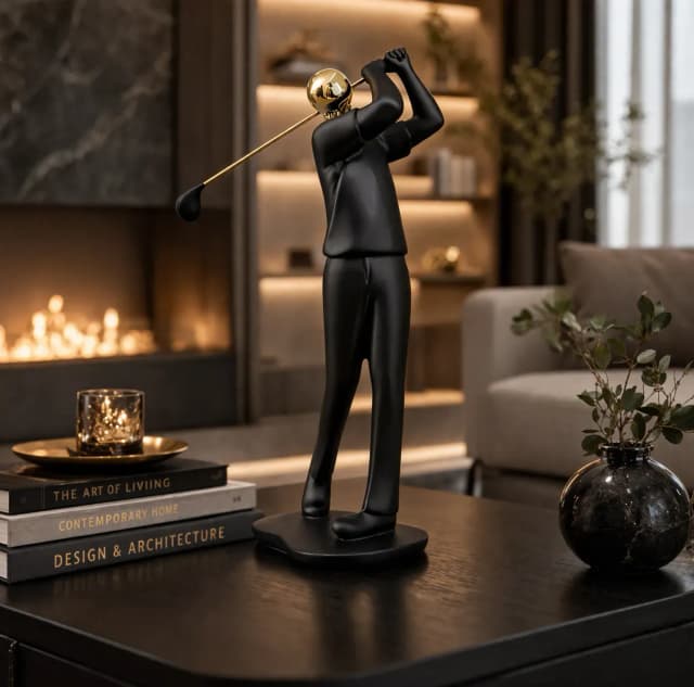 Golfer Figurine, Black & Gold