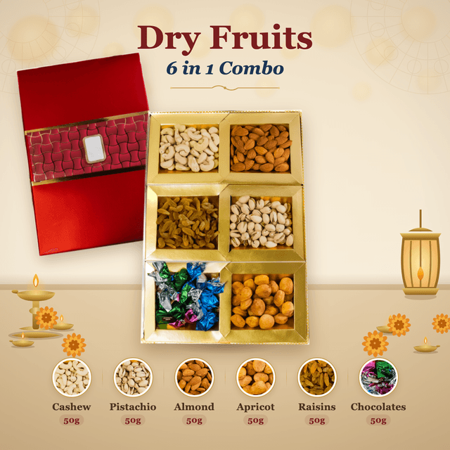 Dry Fruits 6-in-1 Combo Box (50g each) - Red Lid, Gold Tag