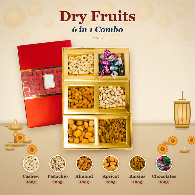 Dry Fruits 6-in-1 Combo Box (100g each) - Red Lid, Gold Tag