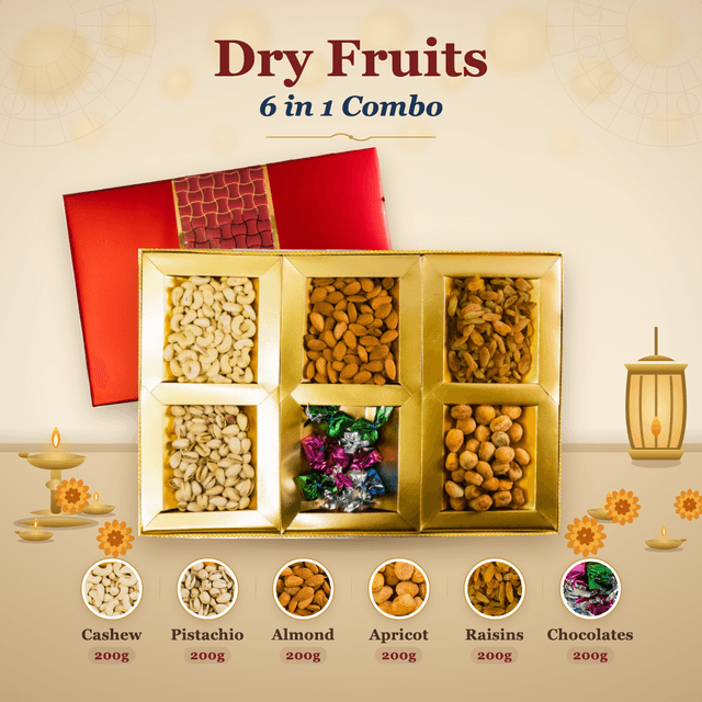 Dry Fruits 6-in-1 Combo Box (200g each) - Red Lid, Gold Tag