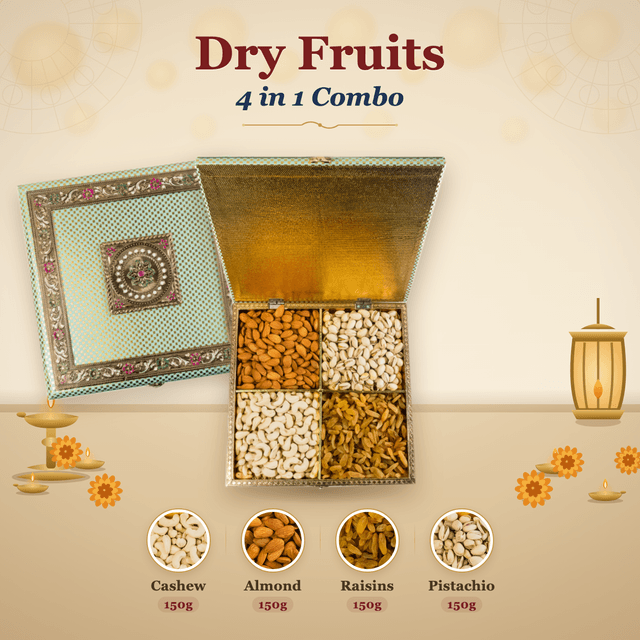 Dry Fruits 4-in-1 Combo Box (150g each) - Engraved Wooden Chest