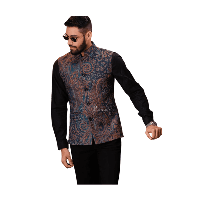 Men's Woven Jacquard Slim Fit Waistcoat – Navy Blue