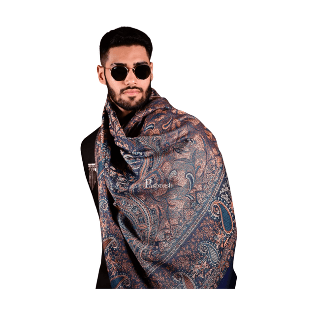 Mens Jamawar Stole, Fine Soft Ethnic Stole Navy Blue